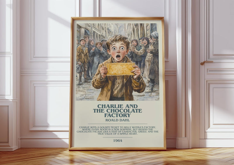Charlie and the Chocolate Factory bookish print in frame leaning in hallway – childrens wall art