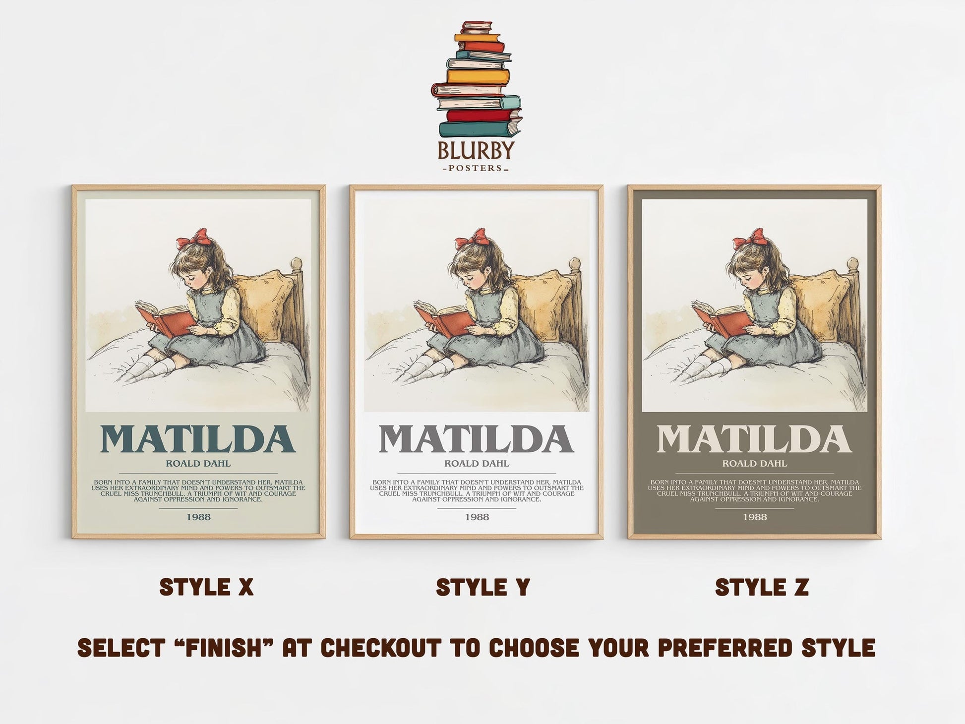 Matilda bookish poster colour and style options – Roald Dahl book art