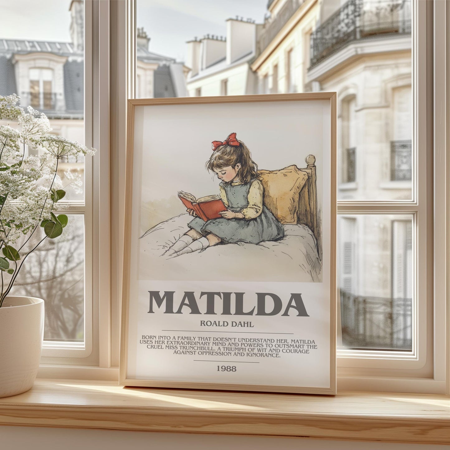 Matilda bookish print framed by window – literary home decor