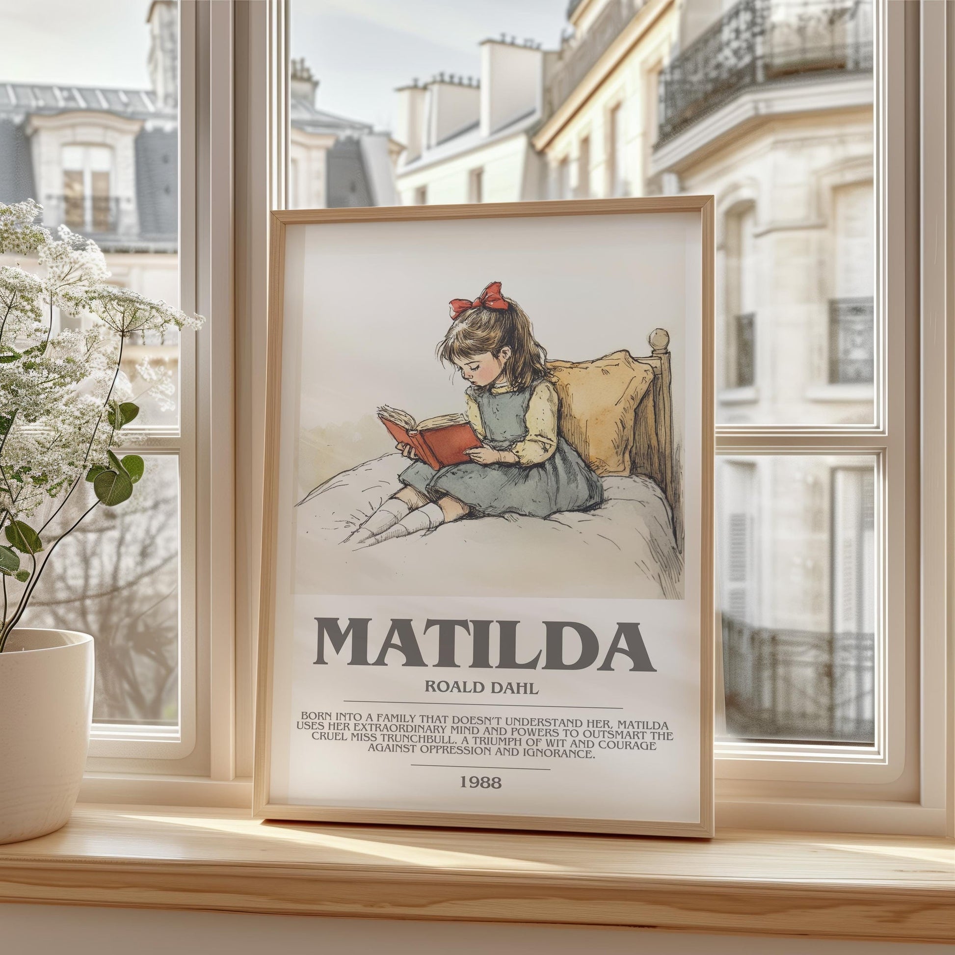 Matilda bookish print framed by window – literary home decor