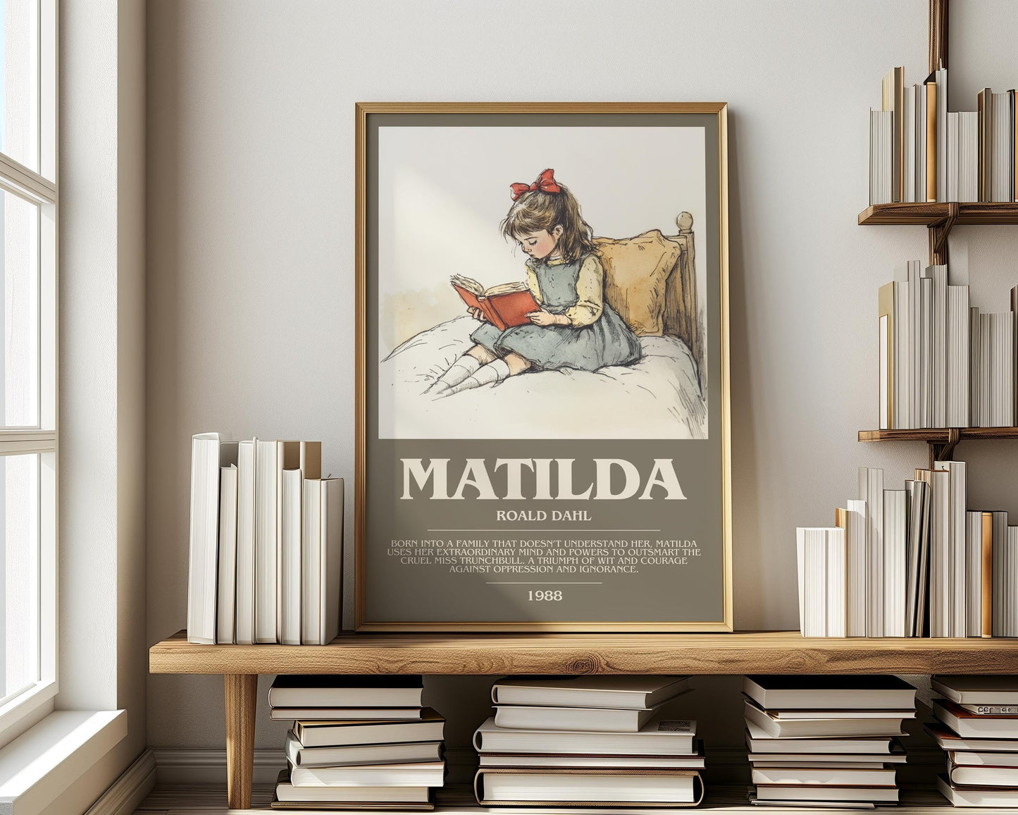 Matilda bookish print on bookshelf – Roald Dahl fan gift