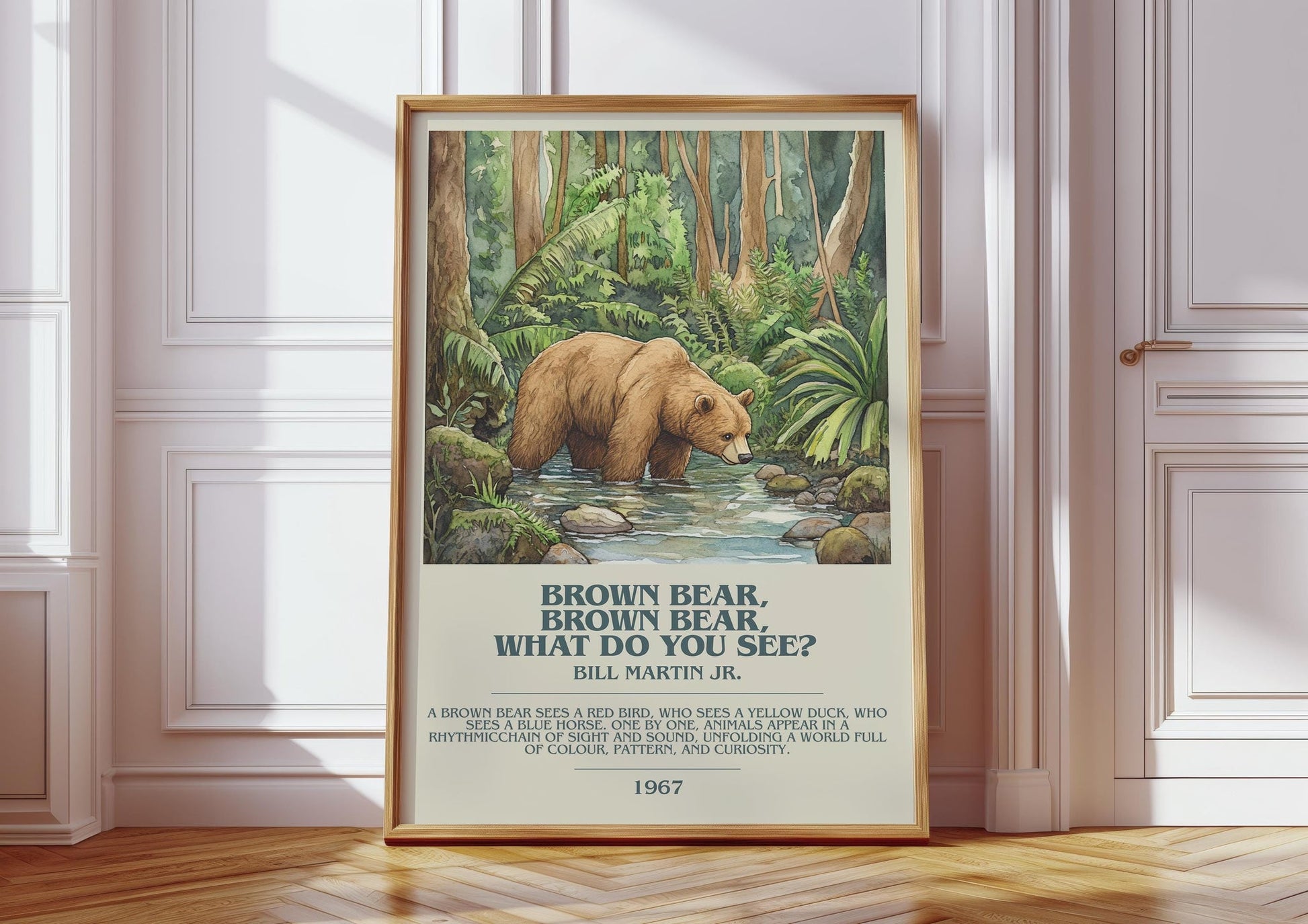 Brown Bear, Brown Bear, What Do You See? bookish print in frame leaning in hallway – mystery wall art