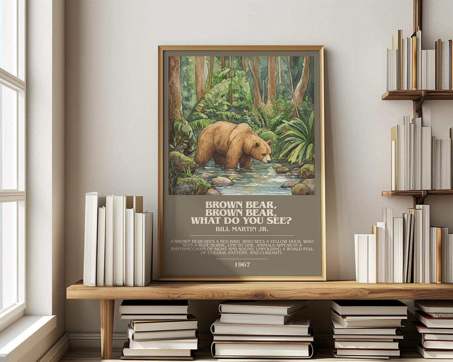 Brown Bear, Brown Bear, What Do You See? bookish print on bookshelf – Bill Martin, Jr. fan gift
