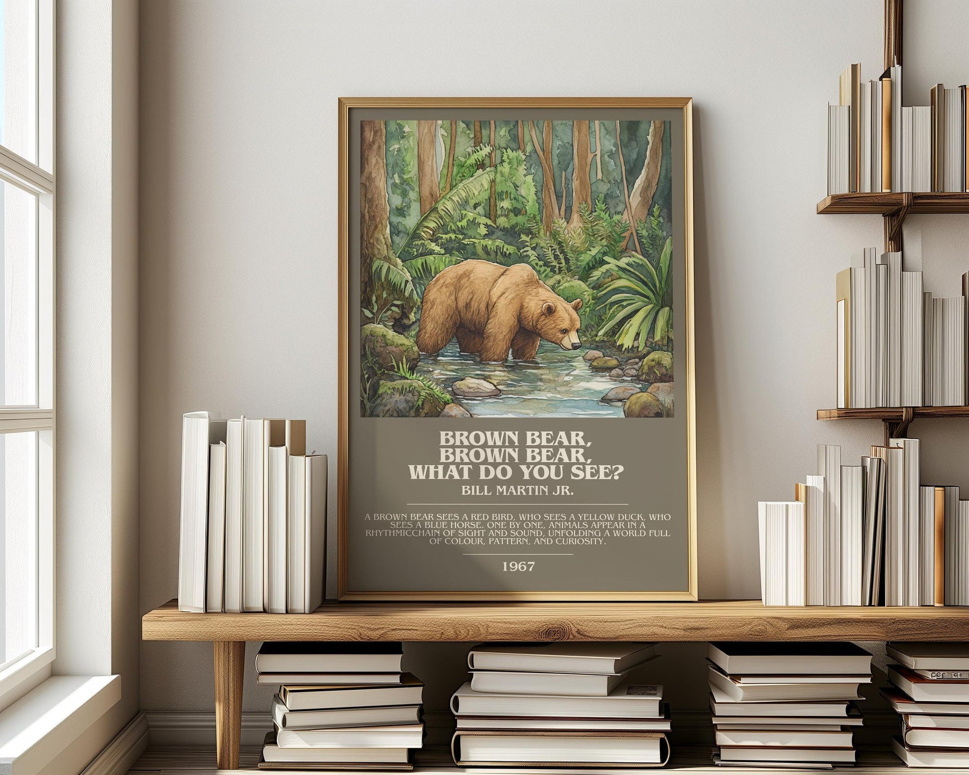 Brown Bear, Brown Bear, What Do You See? bookish print on bookshelf – Bill Martin, Jr. fan gift