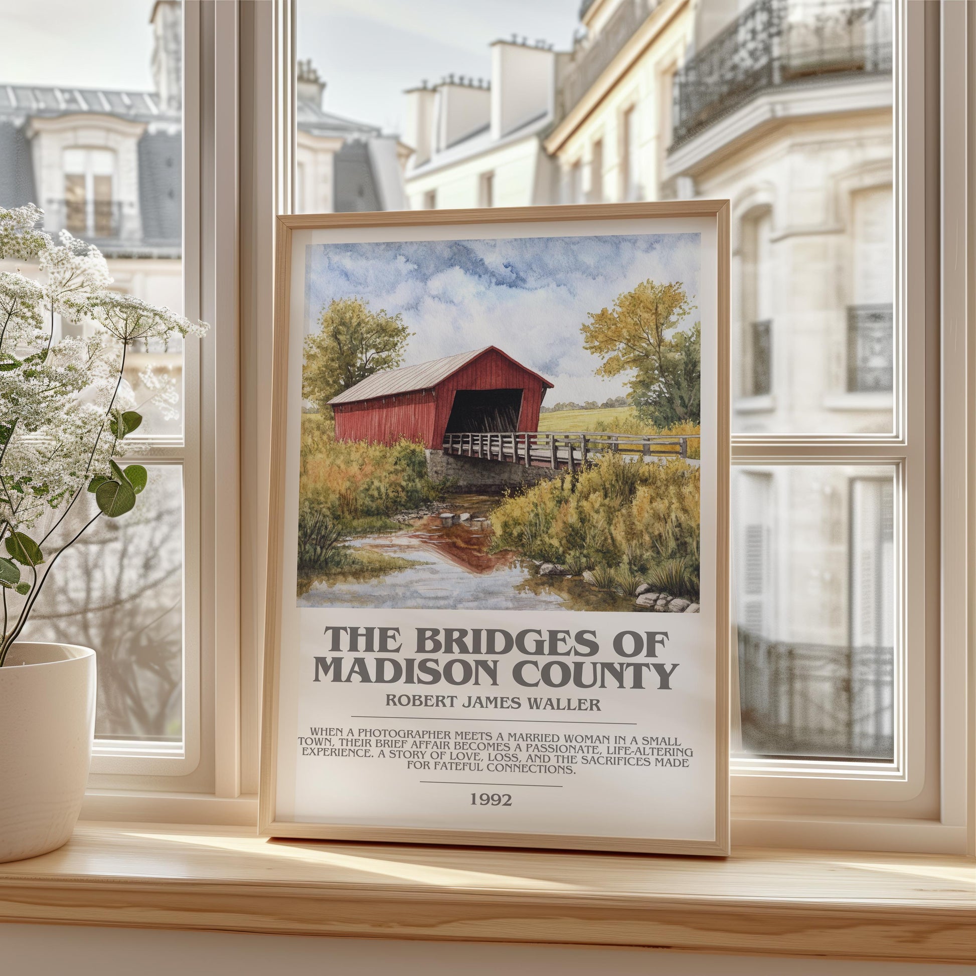 The Bridges of Madison County bookish print framed by window – literary home decor