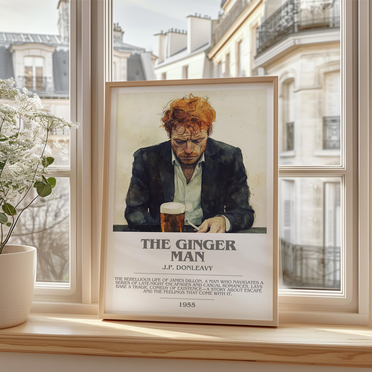 The Ginger Man bookish print framed by window – literary home decor