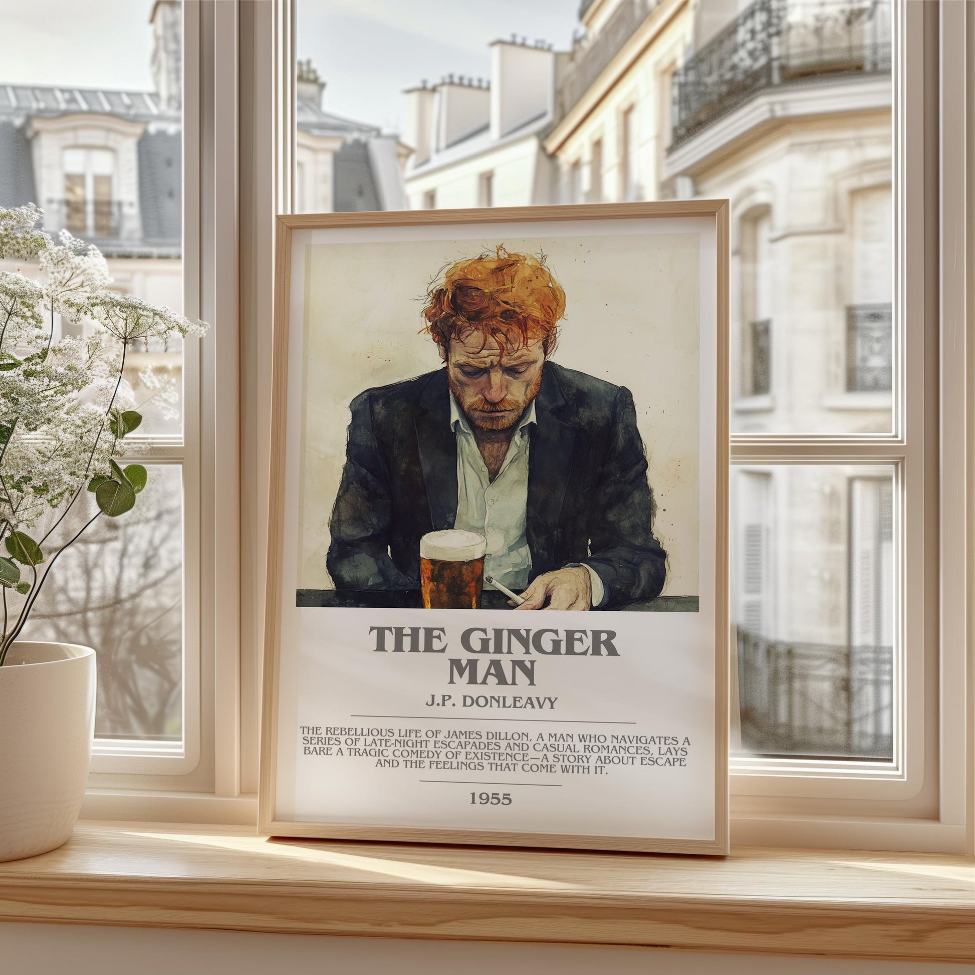 The Ginger Man bookish print framed by window – literary home decor