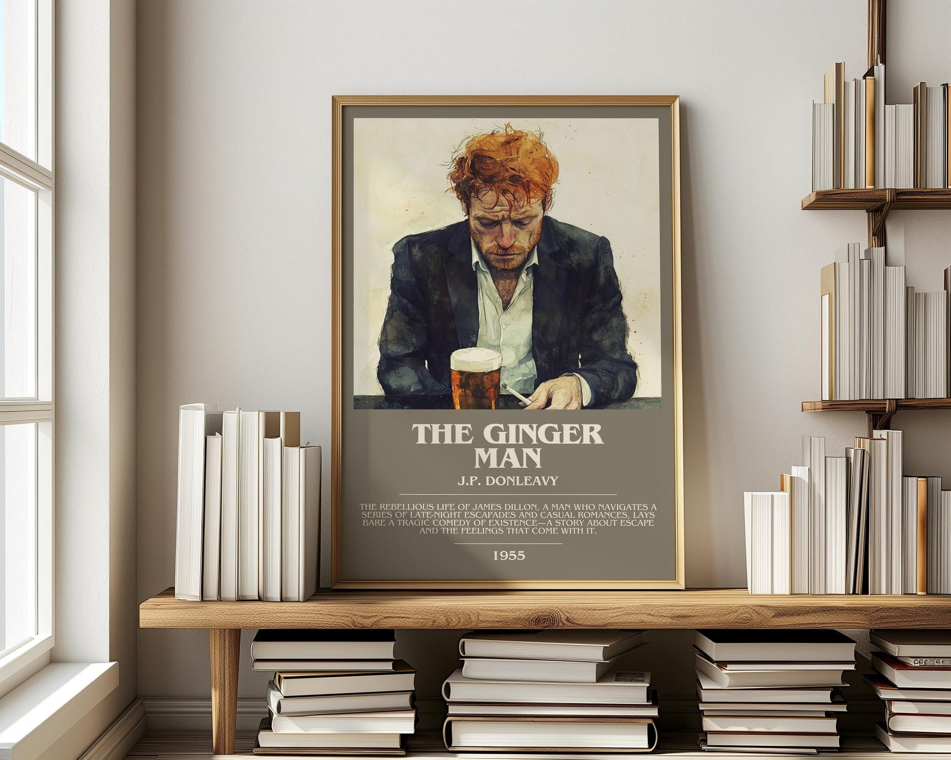 The Ginger Man bookish print on bookshelf – J.P. Donleavy fan gift