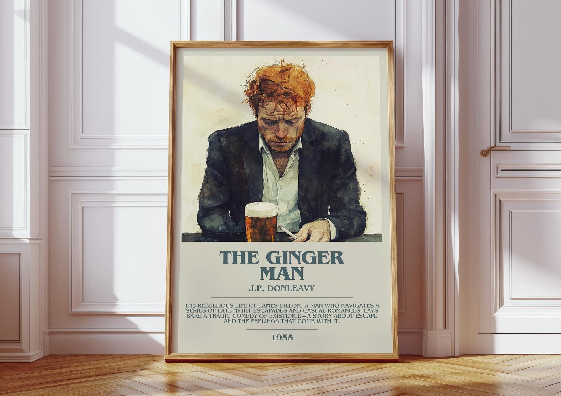 The Ginger Man bookish print in frame leaning in hallway – coming of age wall art