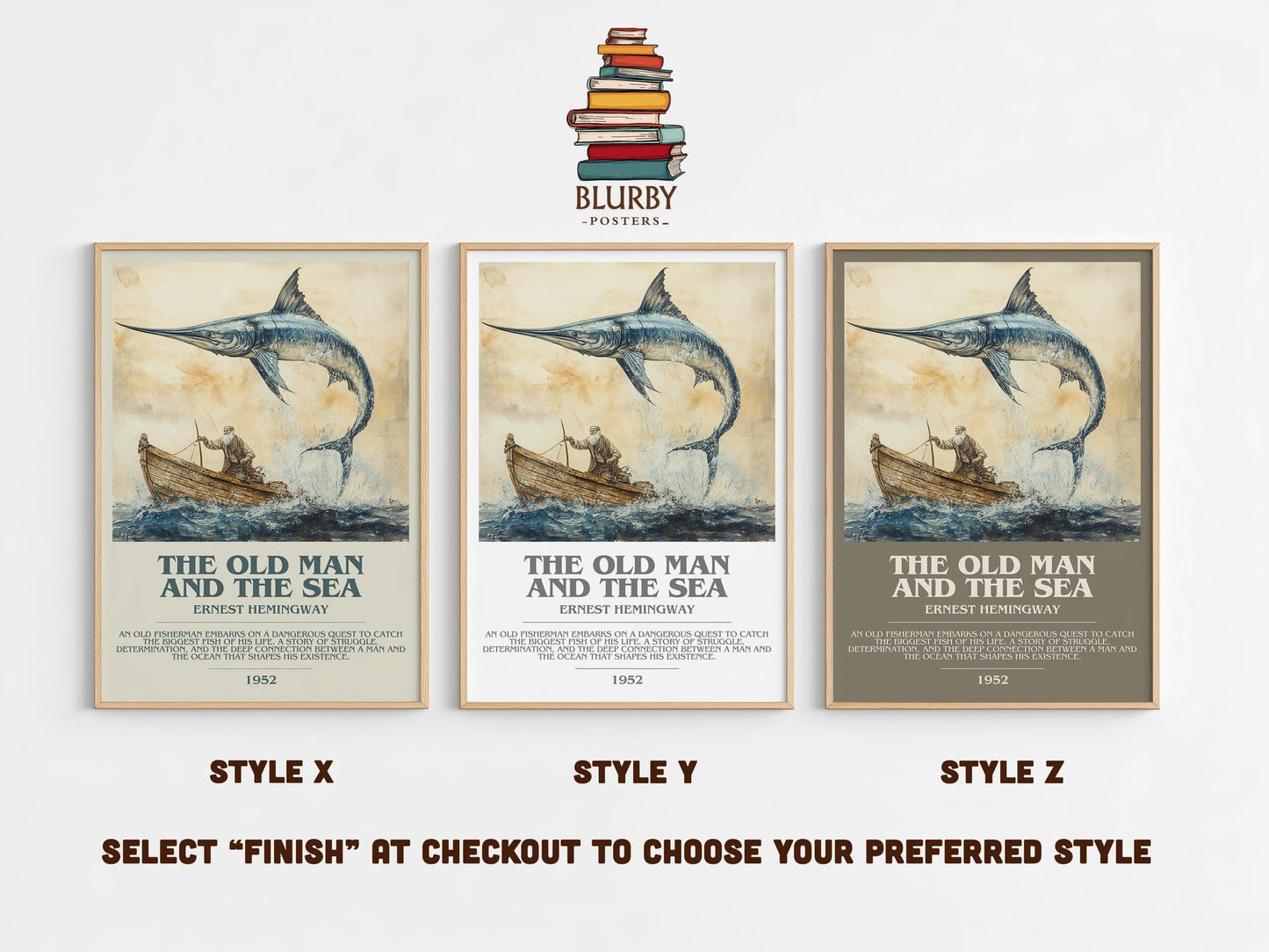 The Old Man and the Sea bookish poster colour and style options – Ernest Hemingway book art