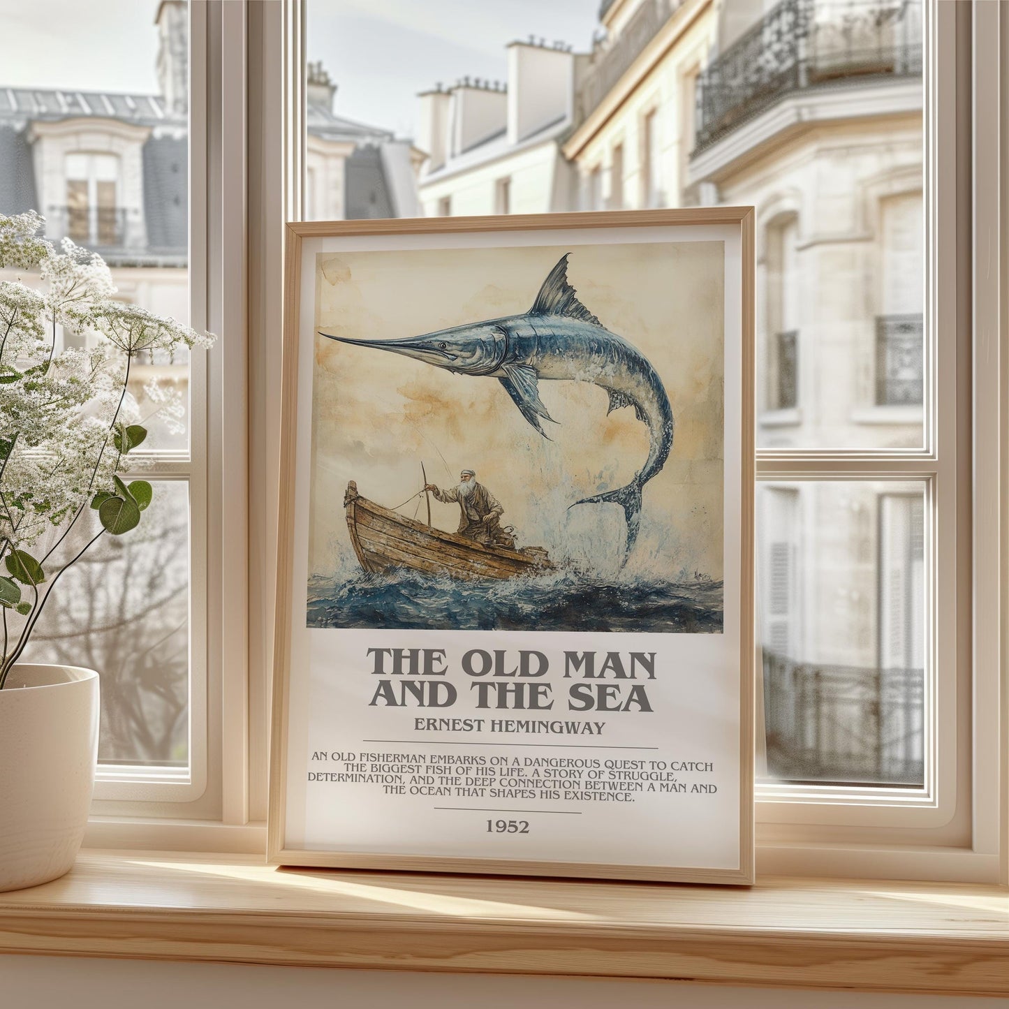The Old Man and the Sea bookish print framed by window – literary home decor
