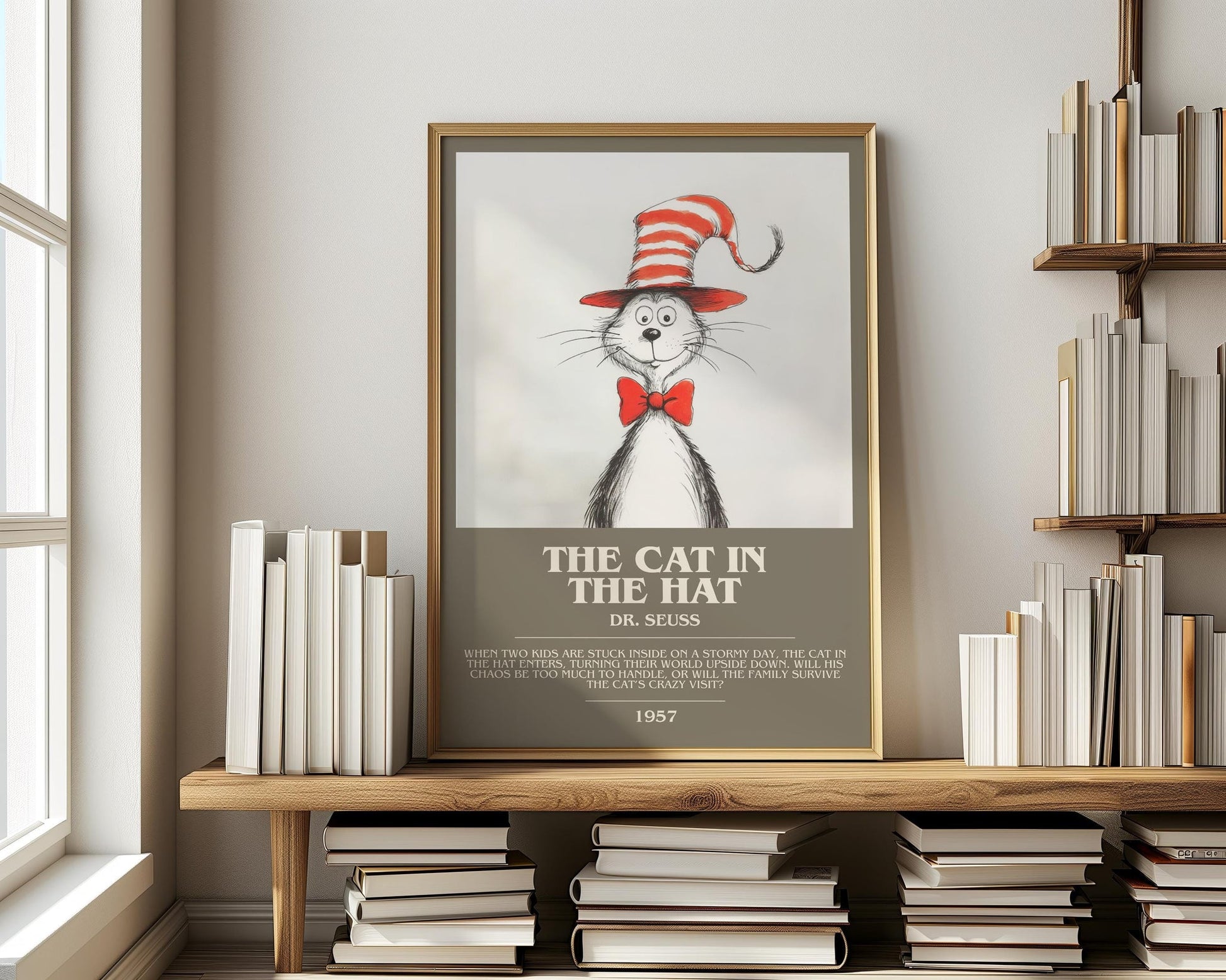The Cat in the Hat bookish print on bookshelf – Dr. Seuss fan gift