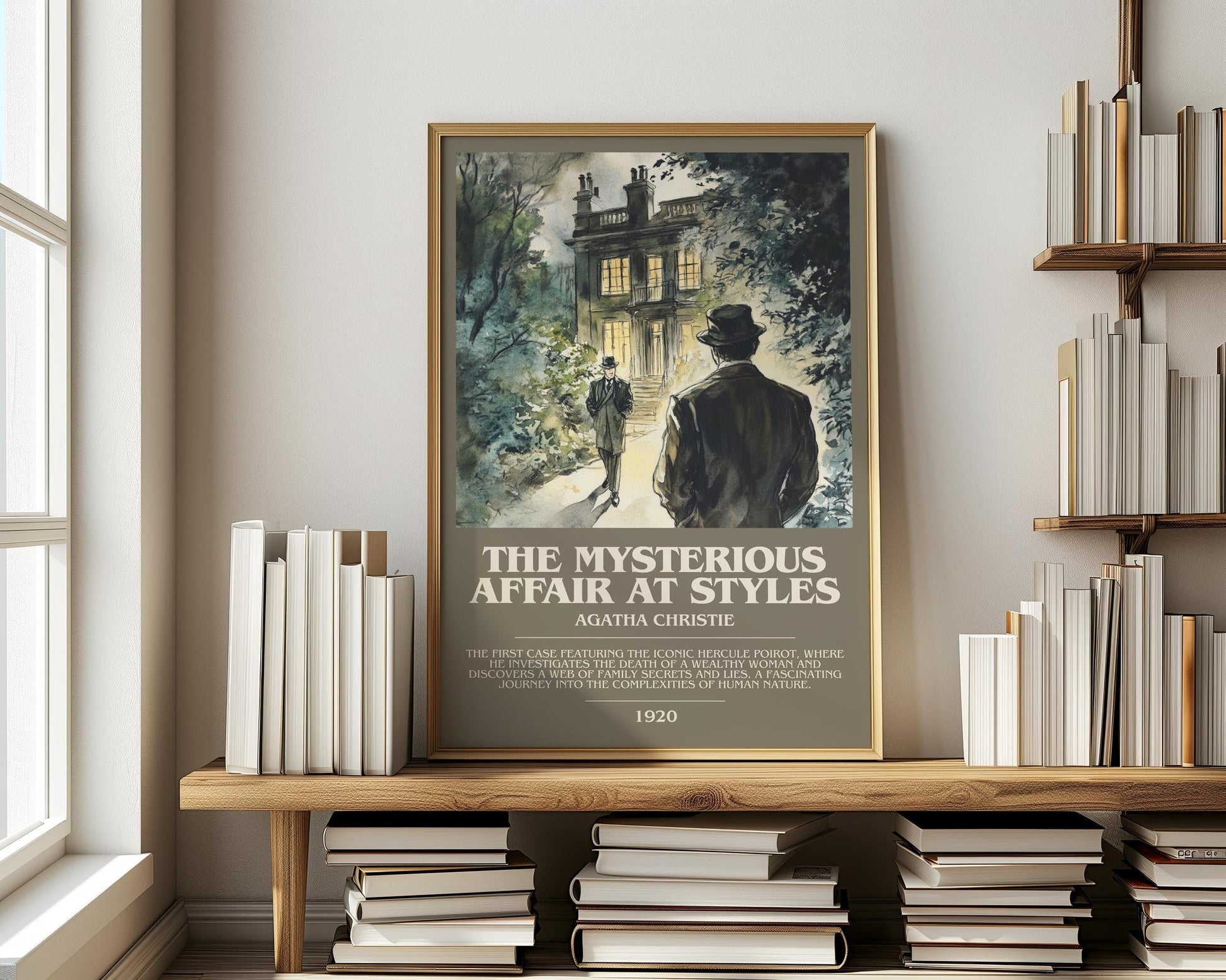 The Mysterious Affair At Styles bookish print on bookshelf – Agatha Christie fan gift