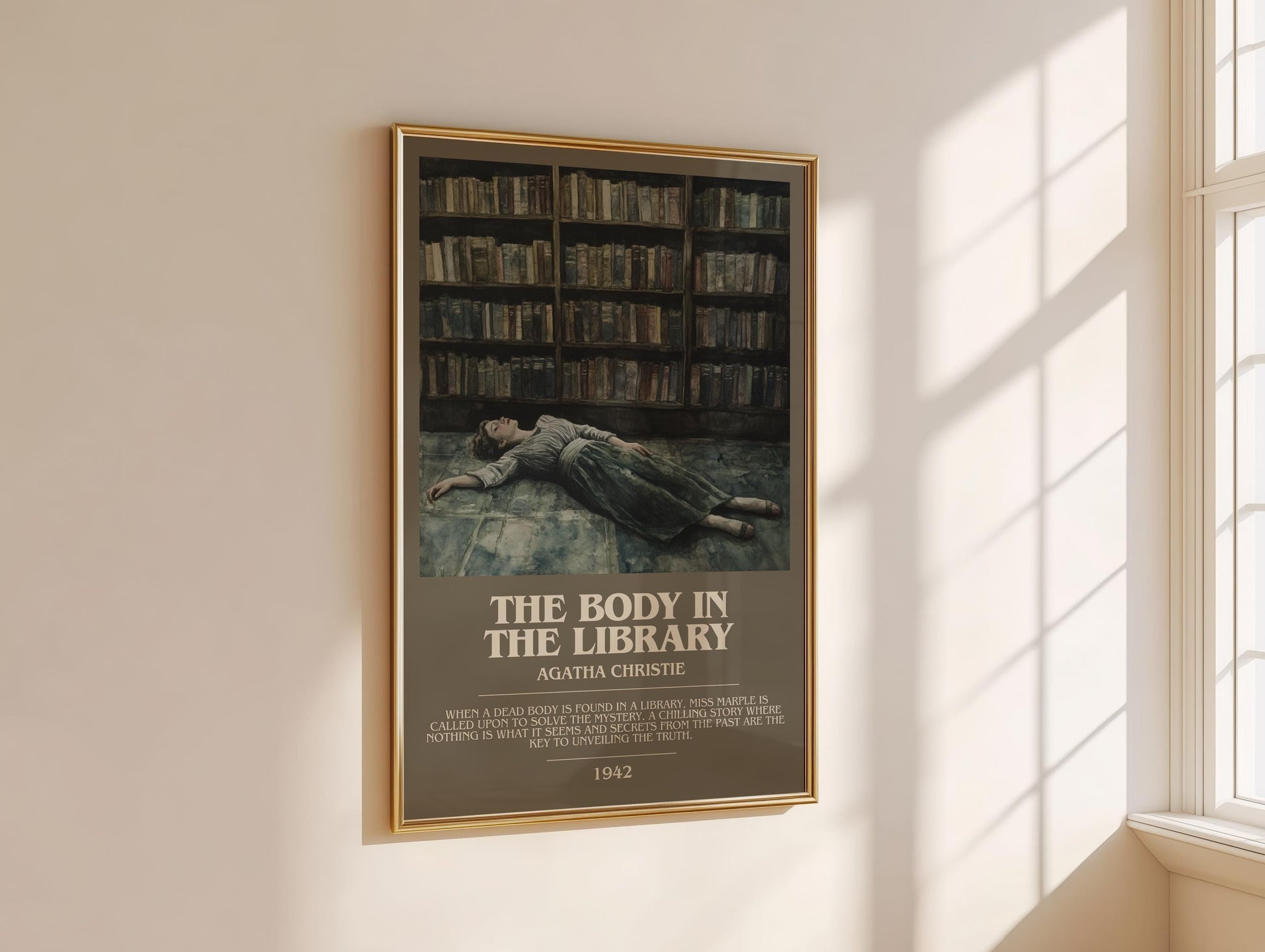 The Body in the Library bookish book poster framed on wall – mystery wall art