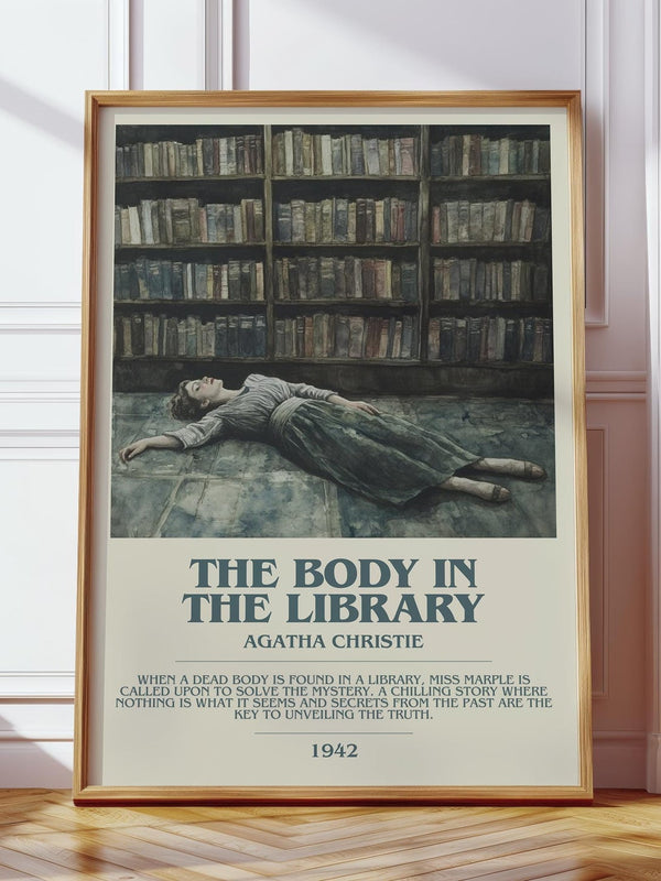 The Body in the Library bookish print in frame leaning in hallway – mystery wall art