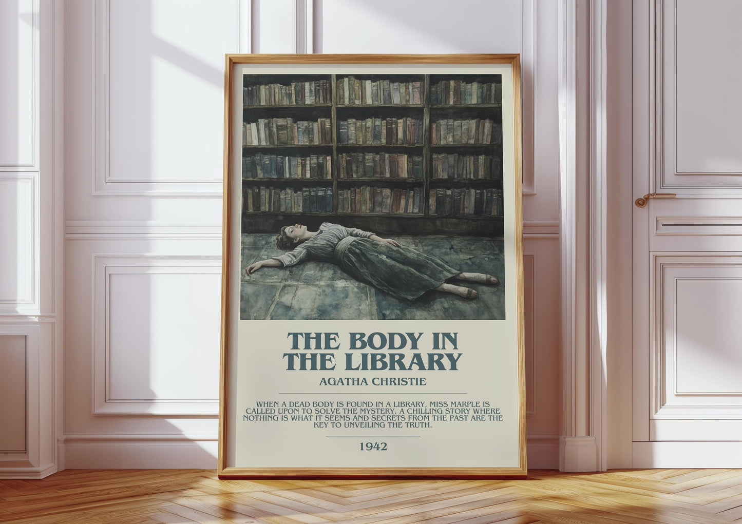 The Body in the Library bookish print in frame leaning in hallway – mystery wall art