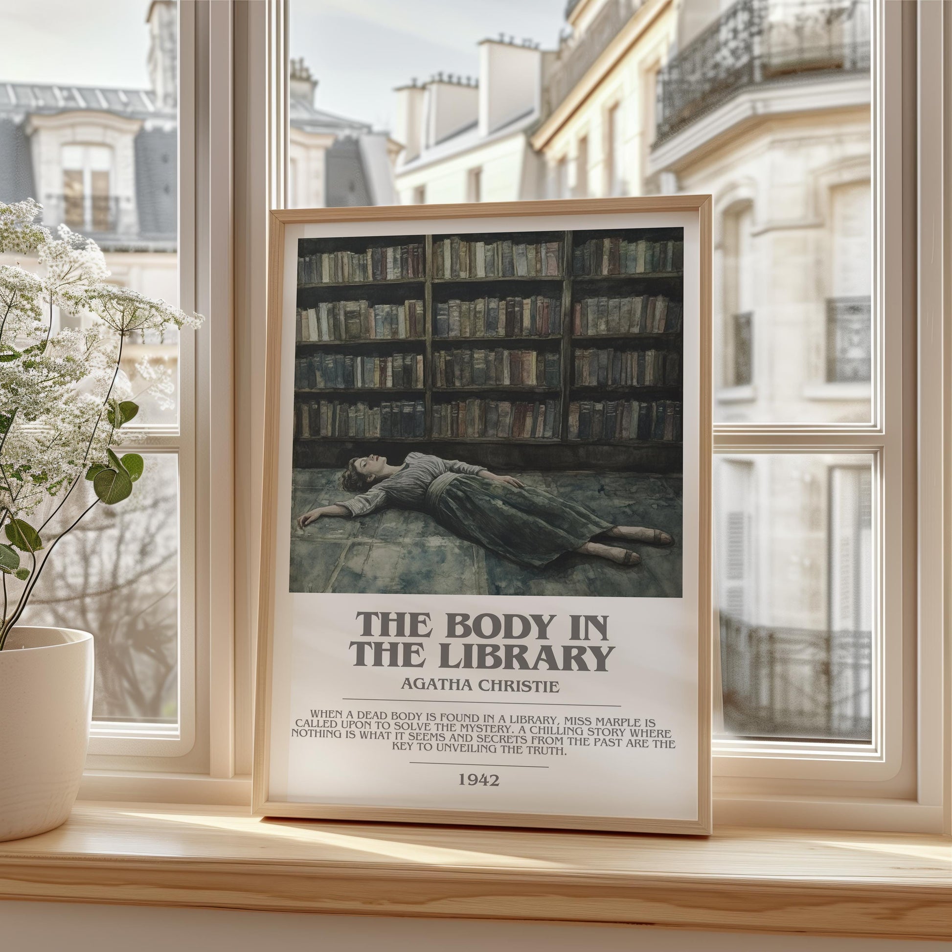 The Body in the Library bookish print framed by window – literary home decor