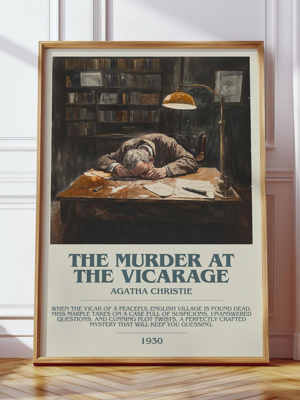 The Murder at the Vicarage bookish print in frame leaning in hallway – mystery wall art