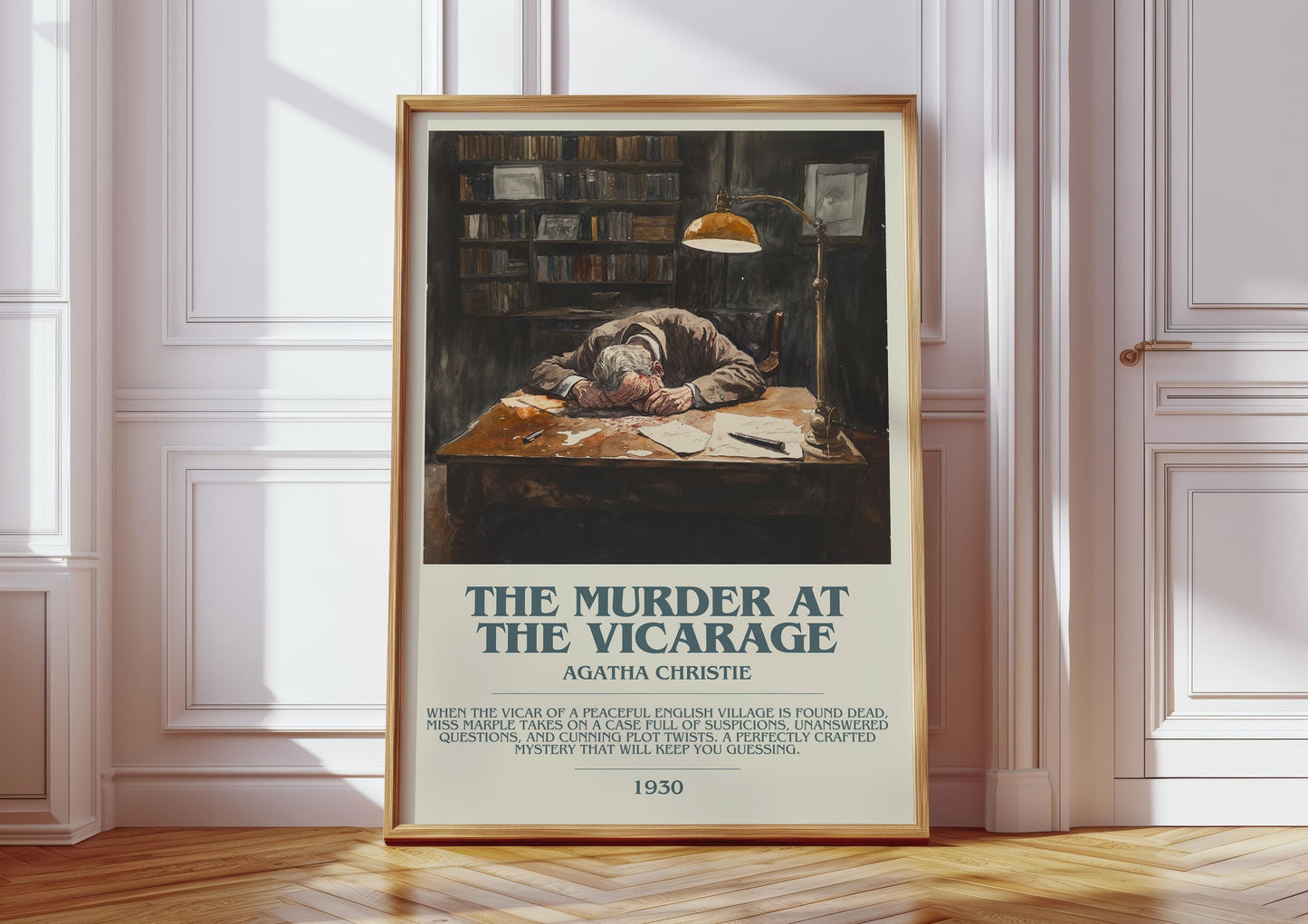 The Murder at the Vicarage bookish print in frame leaning in hallway – mystery wall art