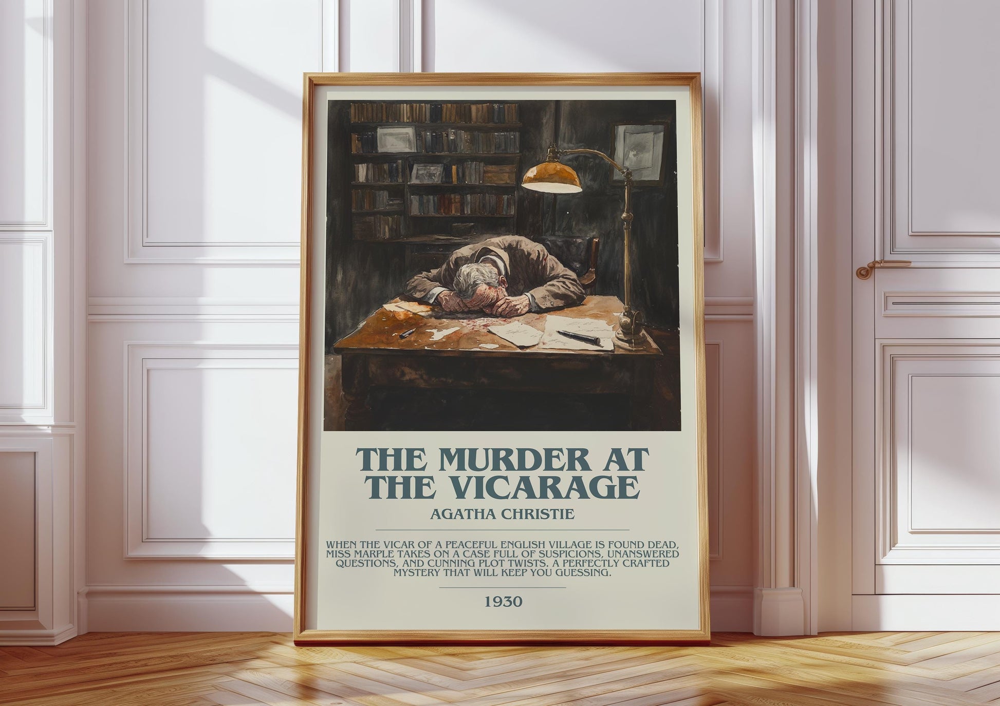 The Murder at the Vicarage bookish print in frame leaning in hallway – mystery wall art