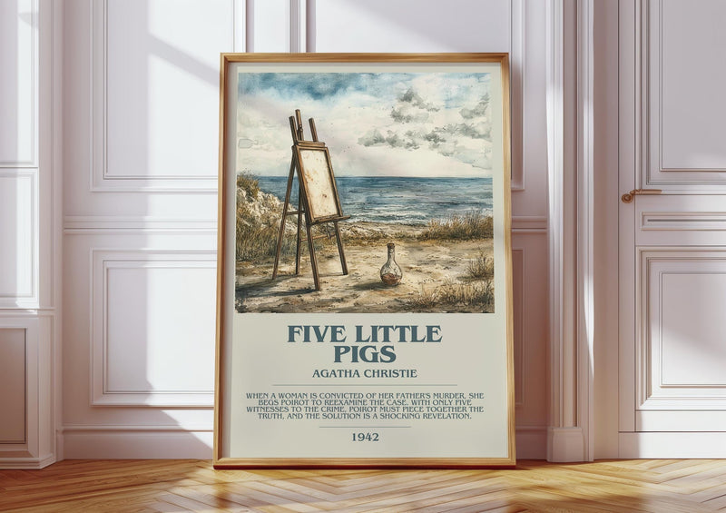 Five Little Pigs bookish print in frame leaning in hallway – mystery wall art