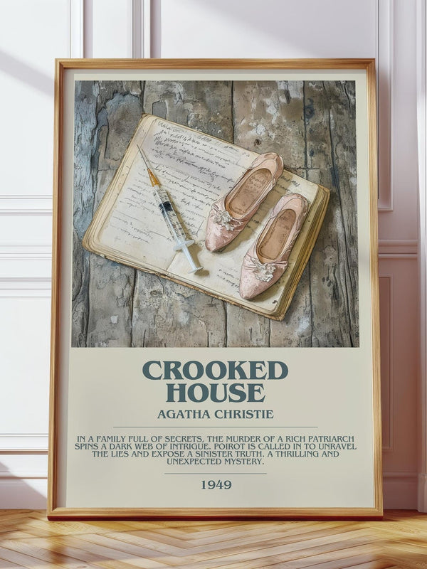 Crooked House bookish print in frame leaning in hallway – crime wall art