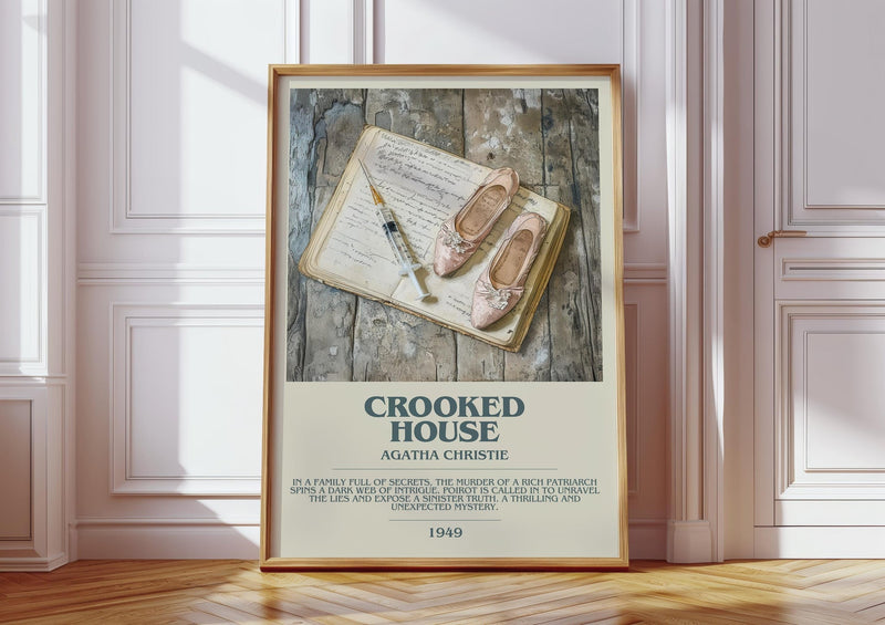 Crooked House bookish print in frame leaning in hallway – crime wall art