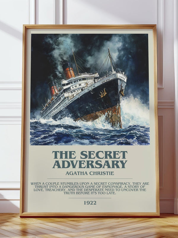 The Secret Adversary bookish print in frame leaning in hallway – mystery wall art
