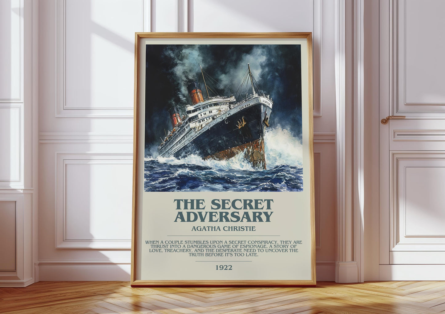 The Secret Adversary bookish print in frame leaning in hallway – mystery wall art