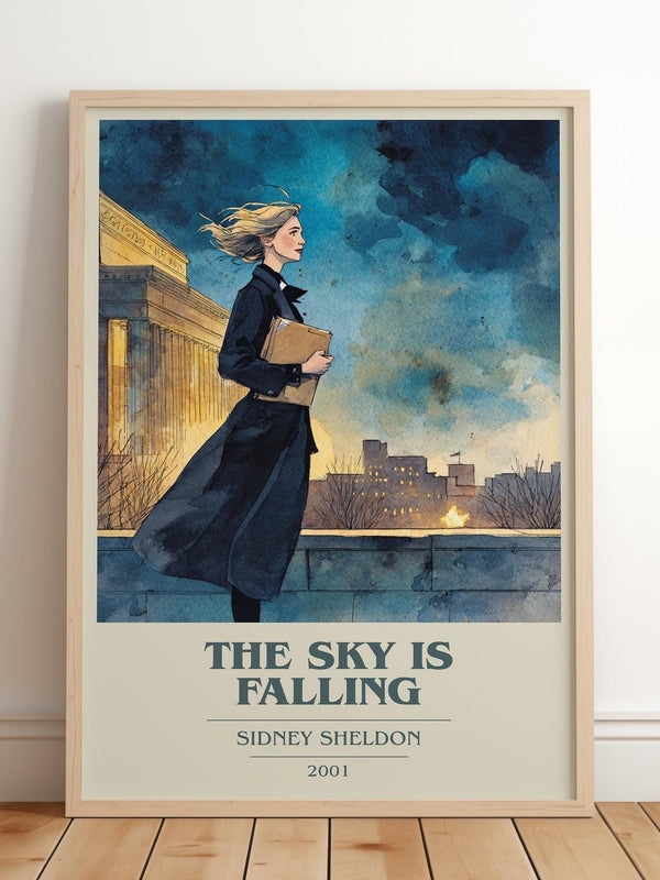The Sky Is Falling book cover print in frame leaning in hallway – thriller wall art