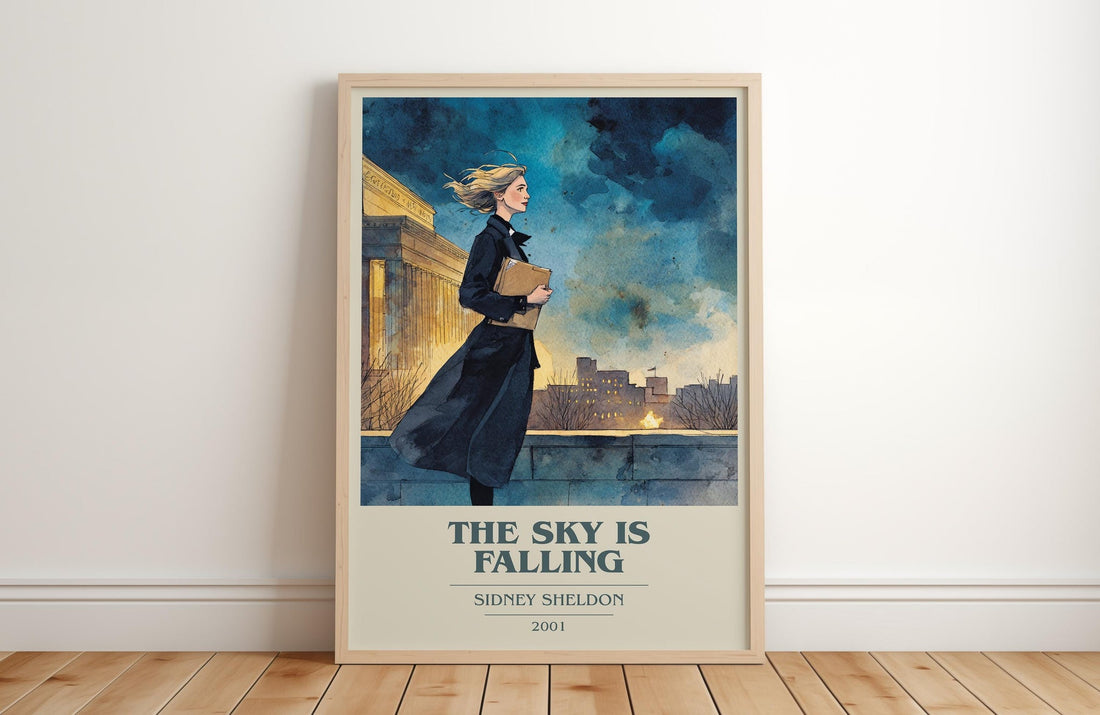 The Sky Is Falling book cover print in frame leaning in hallway – thriller wall art (mockup)