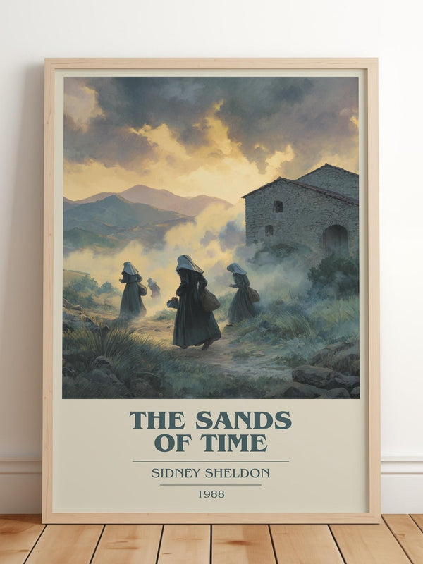 The Sands of Time book cover print in frame leaning in hallway – thriller wall art