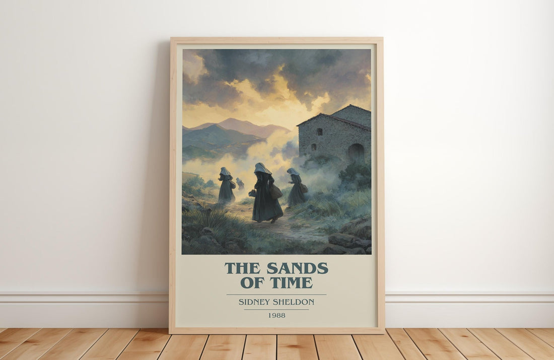 The Sands of Time book cover print in frame leaning in hallway – thriller wall art (mockup)