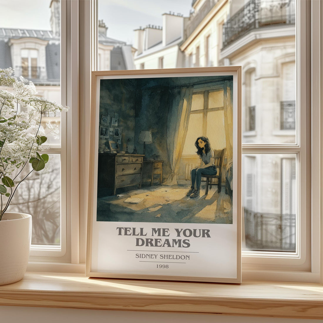 Tell Me Your Dreams book cover print in frame leaning in hallway – thriller wall art (mockup)