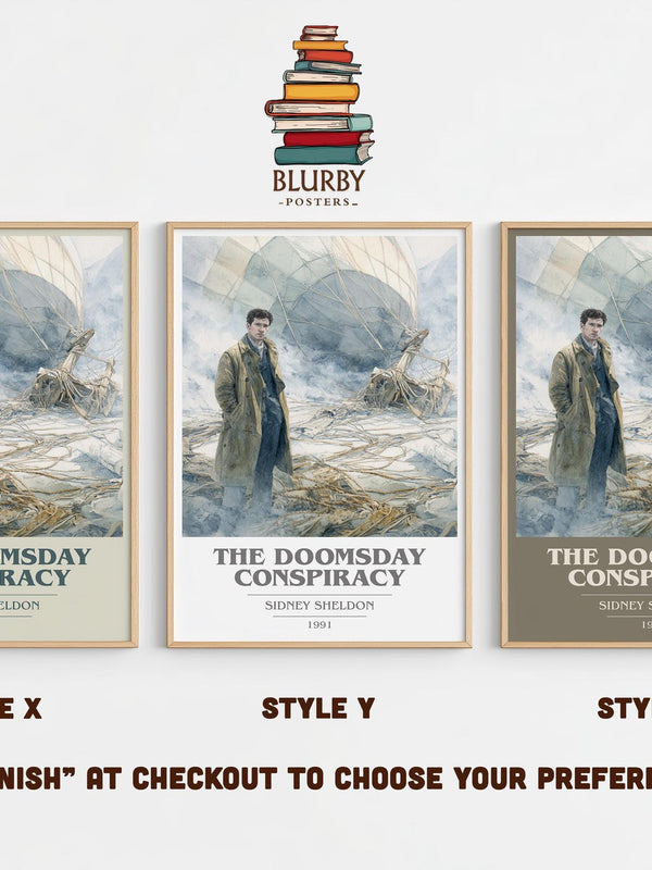The Doomsday Conspiracy book cover print in frame leaning in hallway – thriller wall art