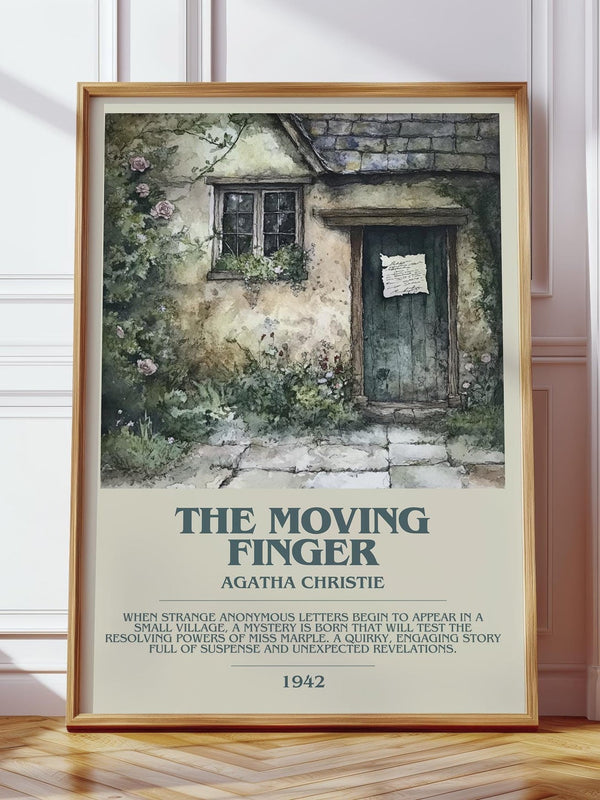 The Moving Finger bookish print in frame leaning in hallway – mystery wall art