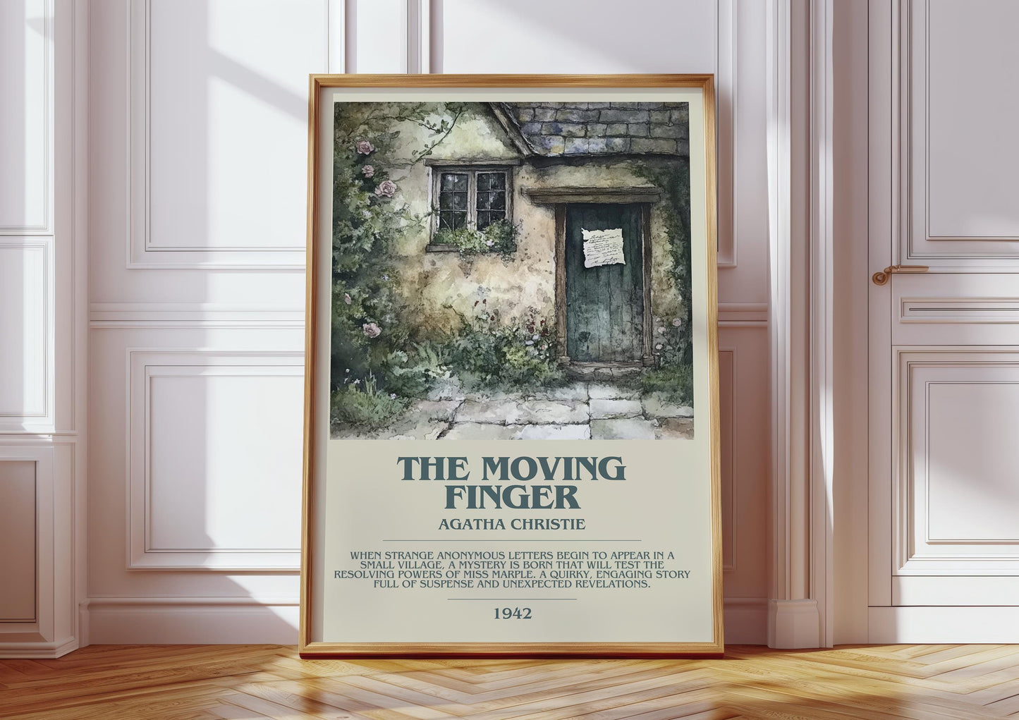 The Moving Finger bookish print in frame leaning in hallway – mystery wall art
