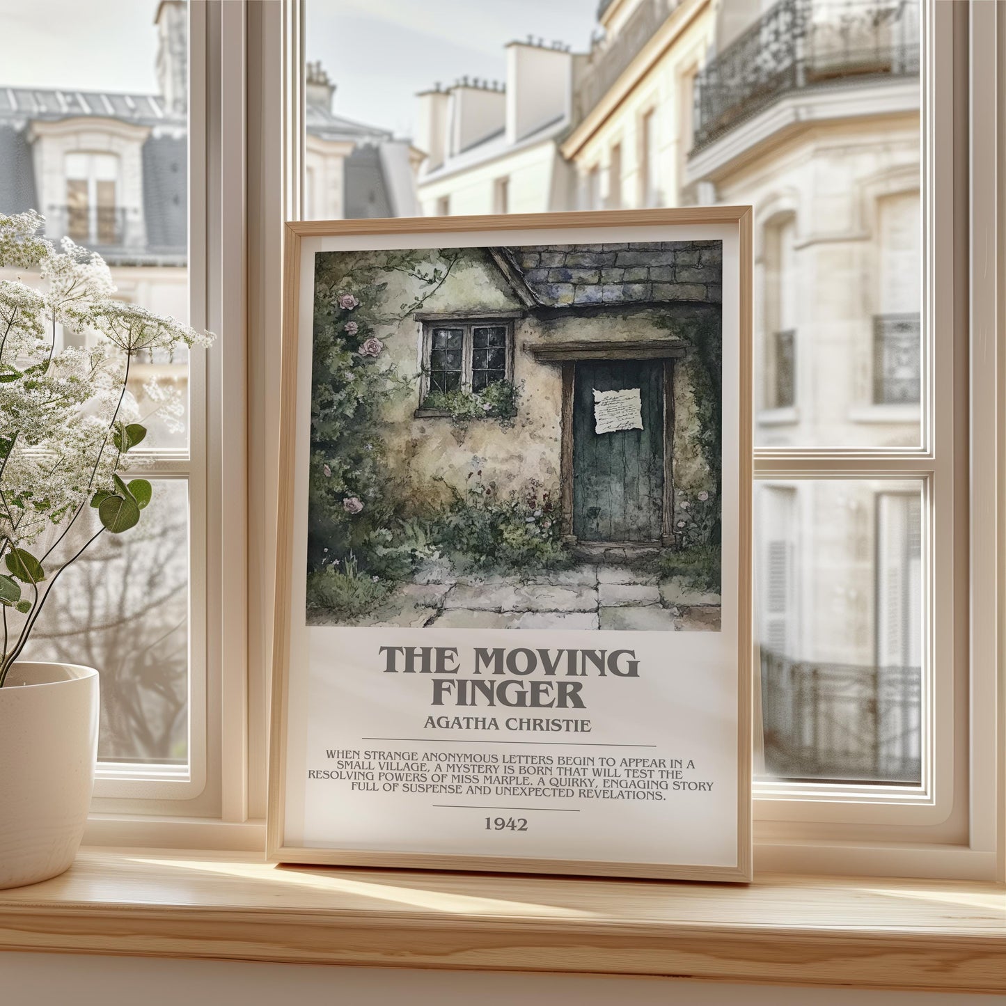 The Moving Finger bookish print framed by window – literary home decor