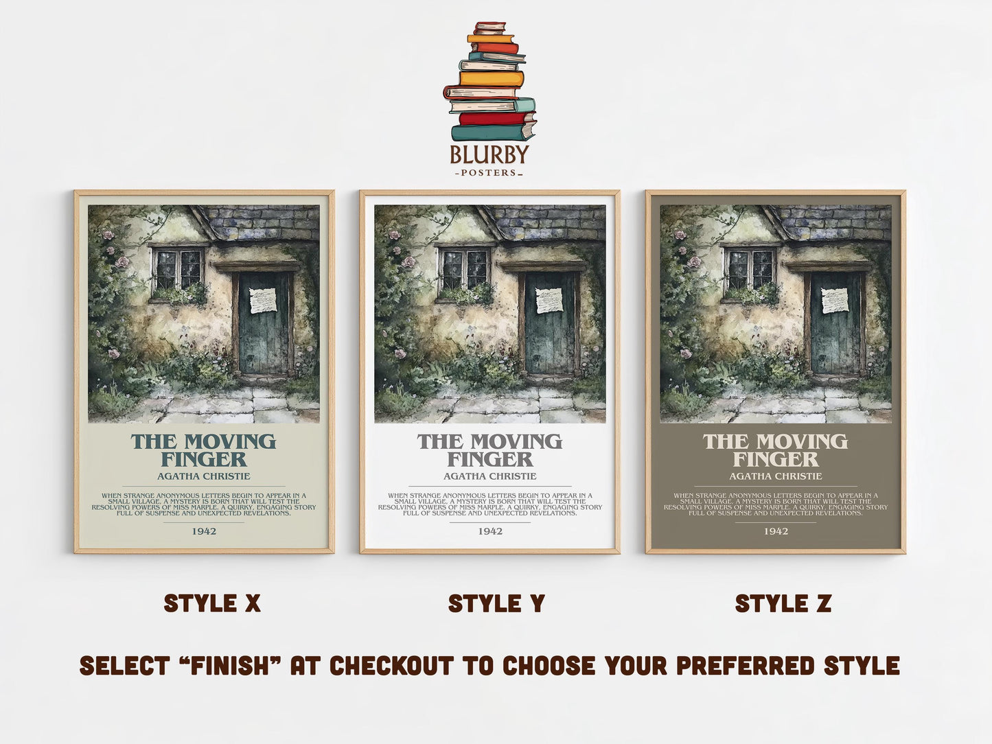 The Moving Finger bookish poster colour and style options – Agatha Christie book art