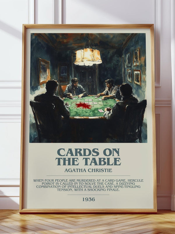 Cards on the Table bookish print in frame leaning in hallway – mystery wall art