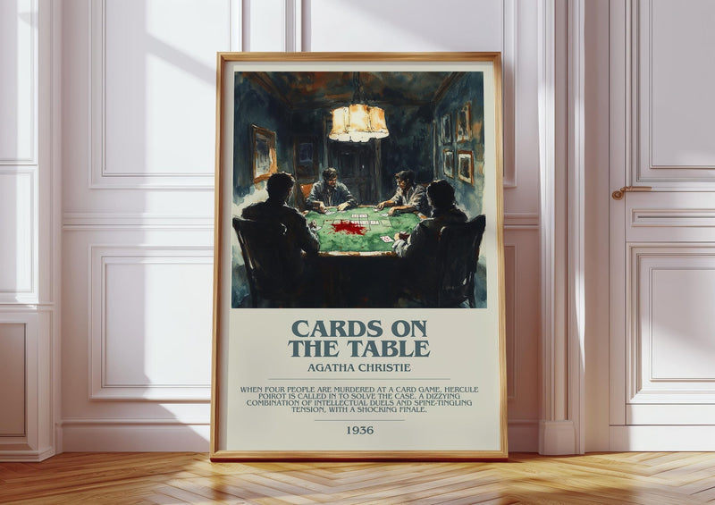 Cards on the Table bookish print in frame leaning in hallway – mystery wall art