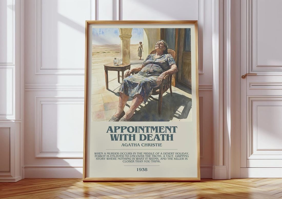 Appointment with Death bookish print in frame leaning in hallway – thriller wall art (mockup)