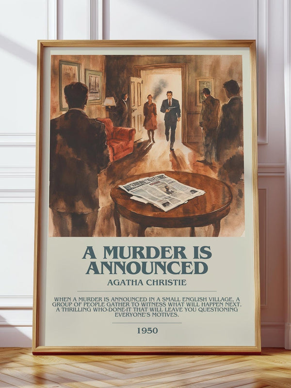 A Murder is Announced bookish print in frame leaning in hallway – childrens wall art