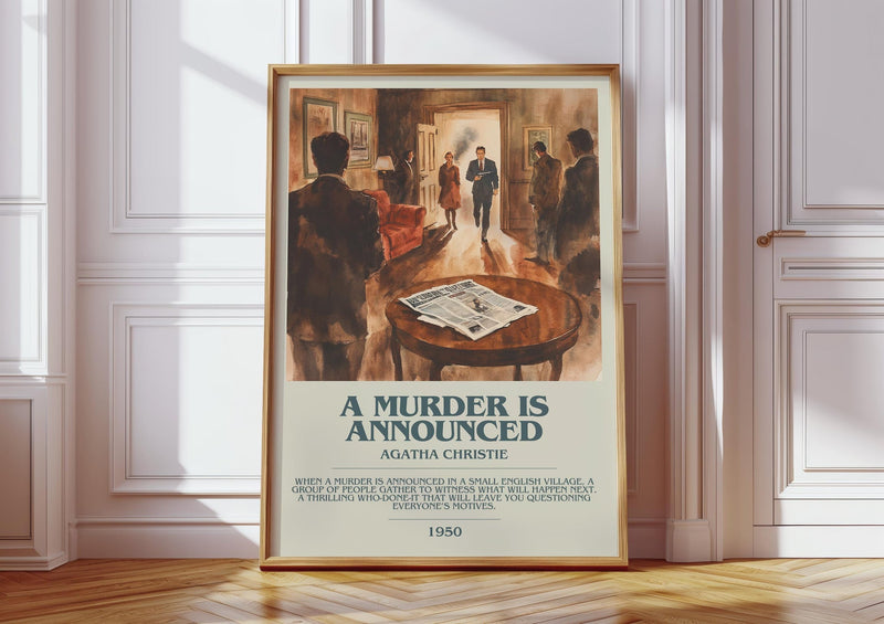 A Murder is Announced bookish print in frame leaning in hallway – childrens wall art