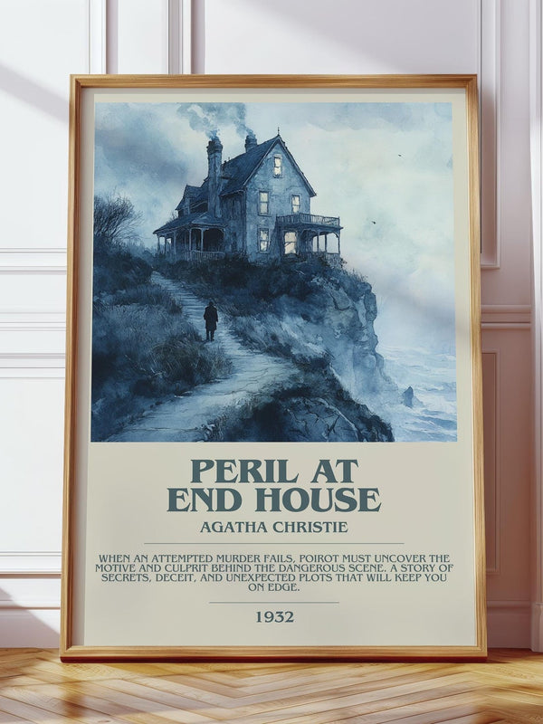 Peril at End House bookish print in frame leaning in hallway – mystery wall art