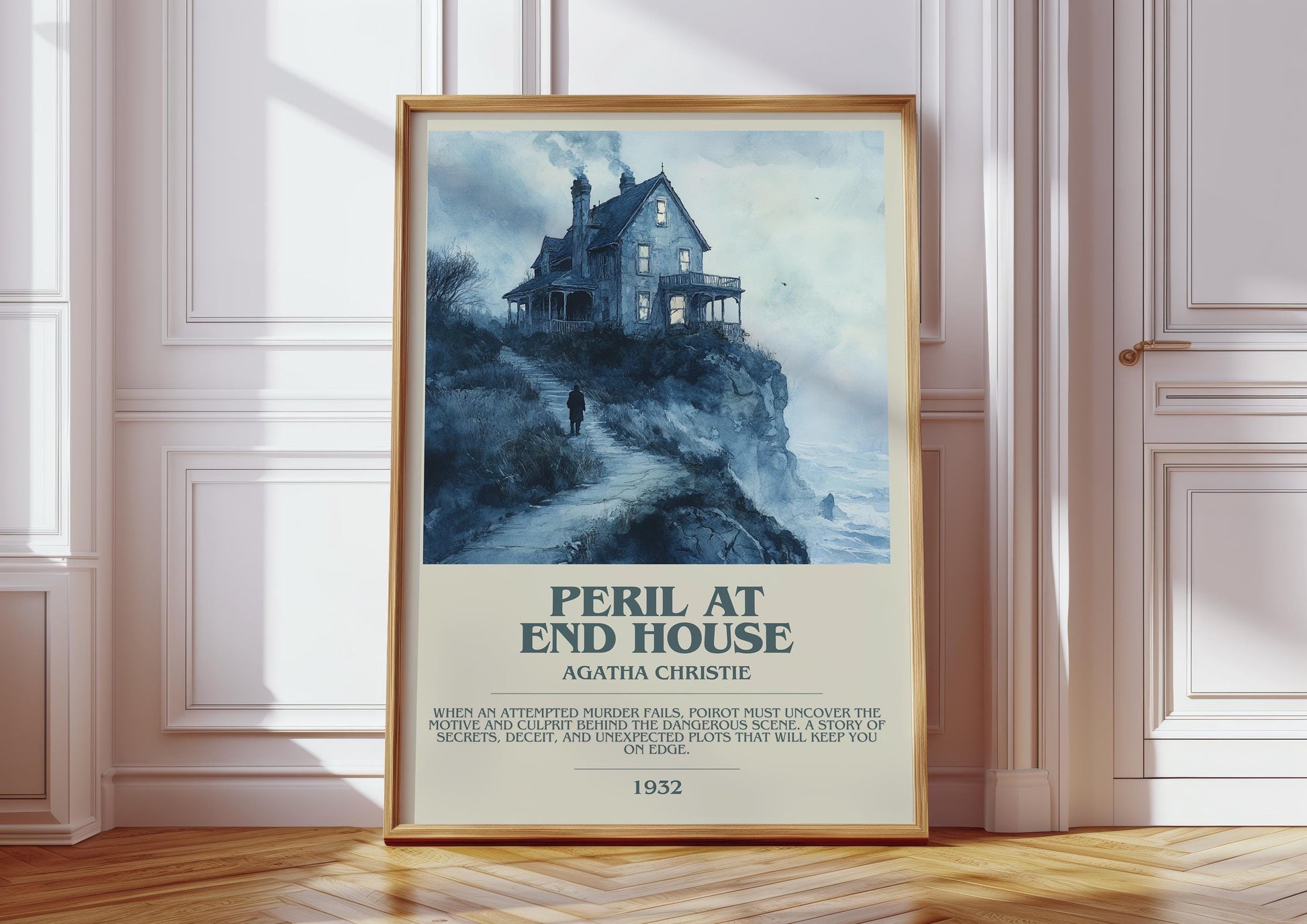 Peril at End House bookish print in frame leaning in hallway – mystery wall art