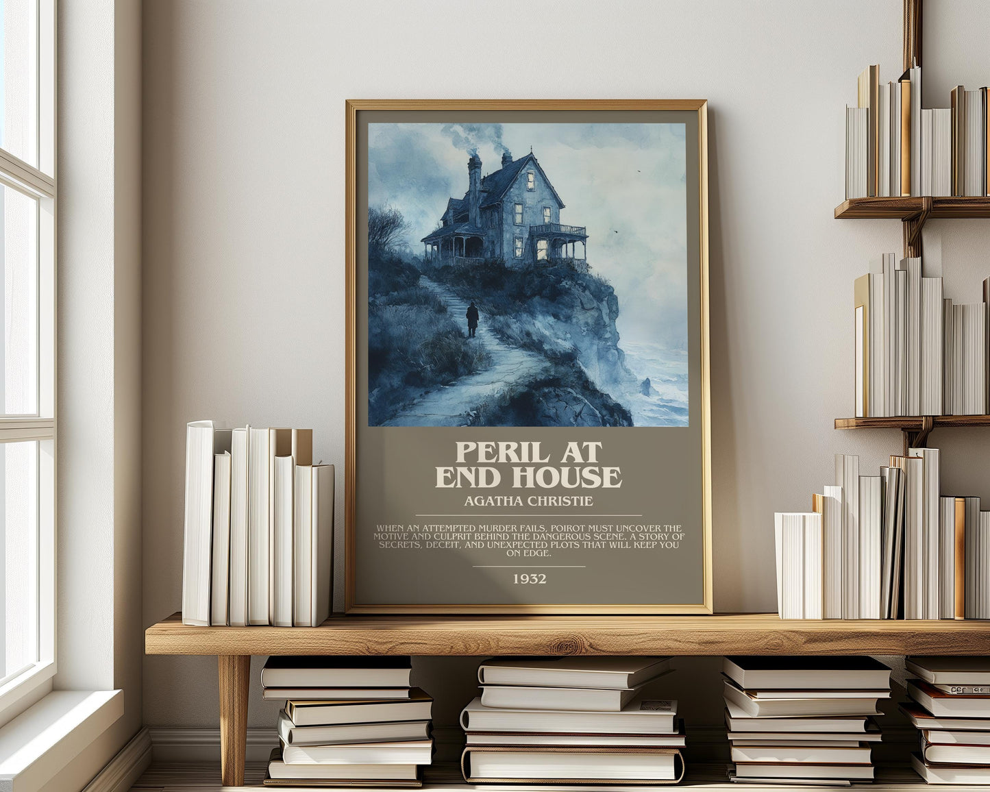Peril at End House bookish print on bookshelf – Agatha Christie fan gift