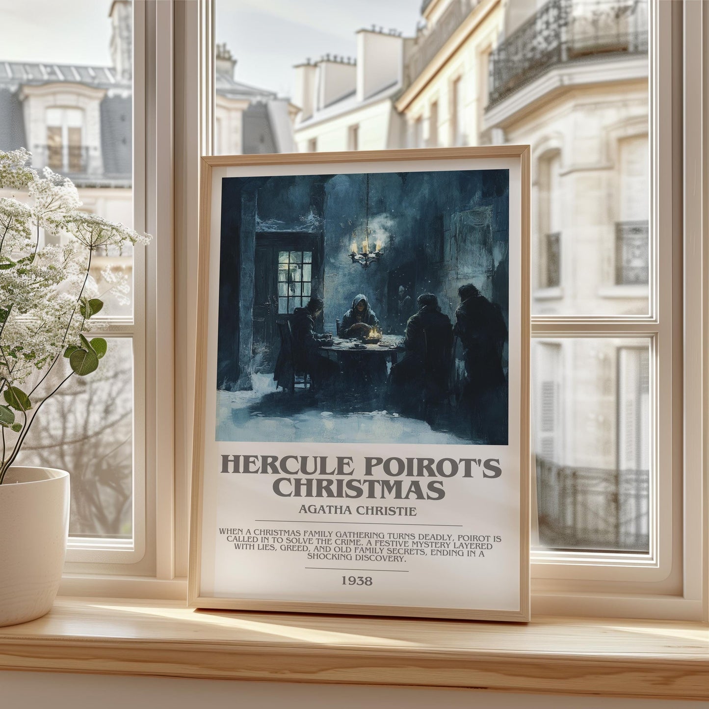 Hercule Poirot's Christmas bookish print framed by window – literary home decor
