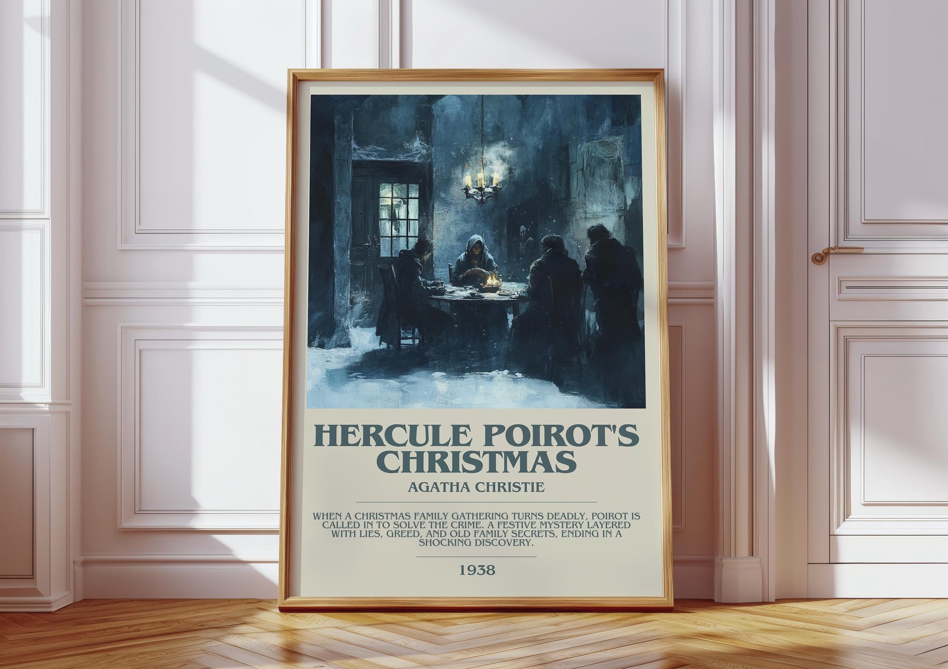 Hercule Poirot's Christmas bookish print in frame leaning in hallway – mystery wall art