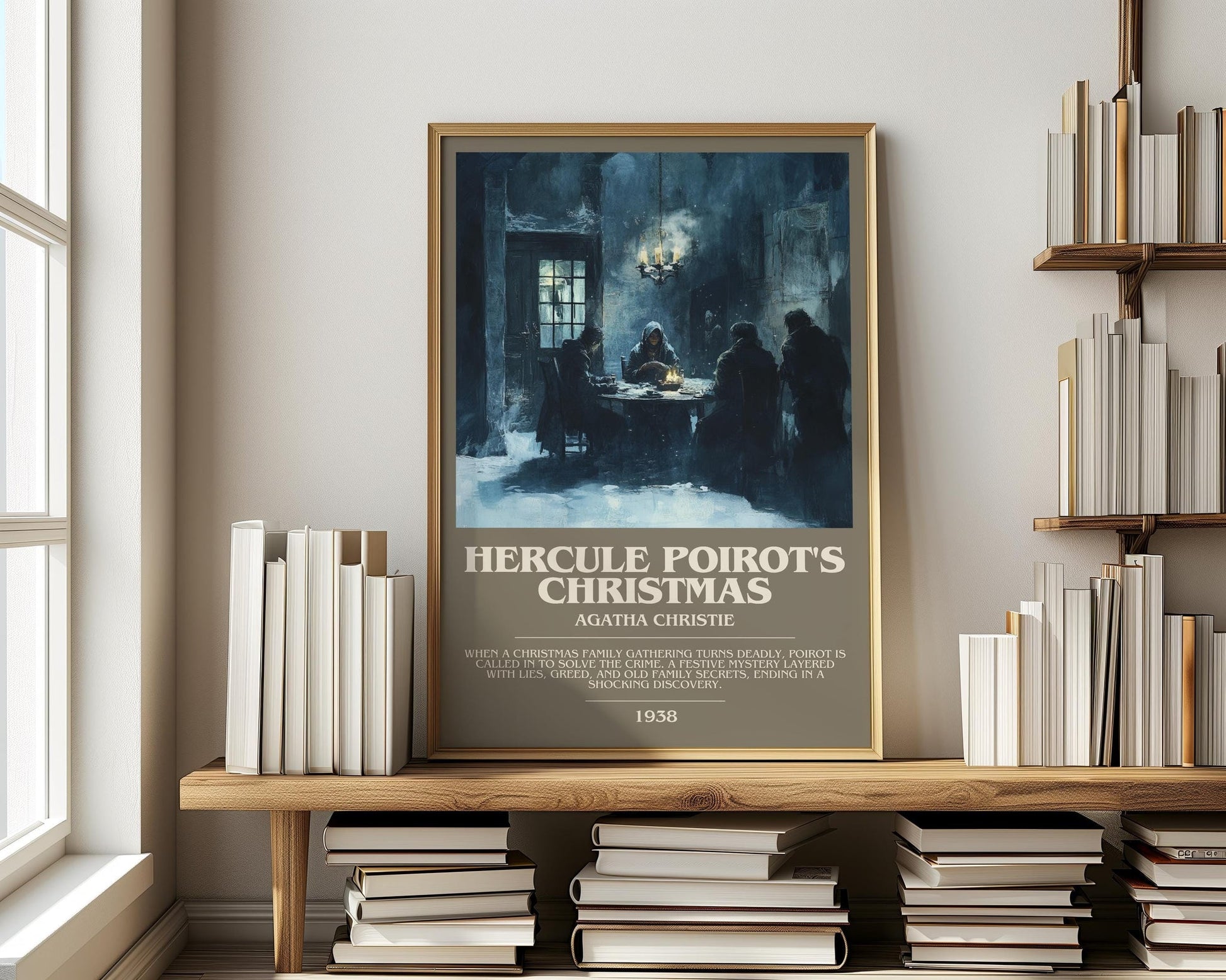 Hercule Poirot's Christmas bookish print on bookshelf – Agatha Christie fan gift